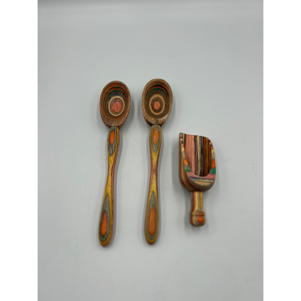 Handcrafted Multi-Color Laminated Wood Spoon and Scoop Set 3pc Artisan Utensil